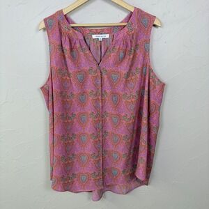 Rose + Olive Tank Top Womens 2X Pink Paisley V Neck Sleeveless Boho Blouse
